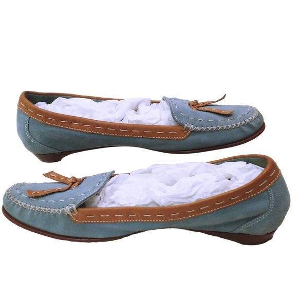 Cole Haan Blue Suede Shoe Flats -9.5B Bow Tassel Leather Stitch Moc-Toe Slip-On - Picture 5 of 12